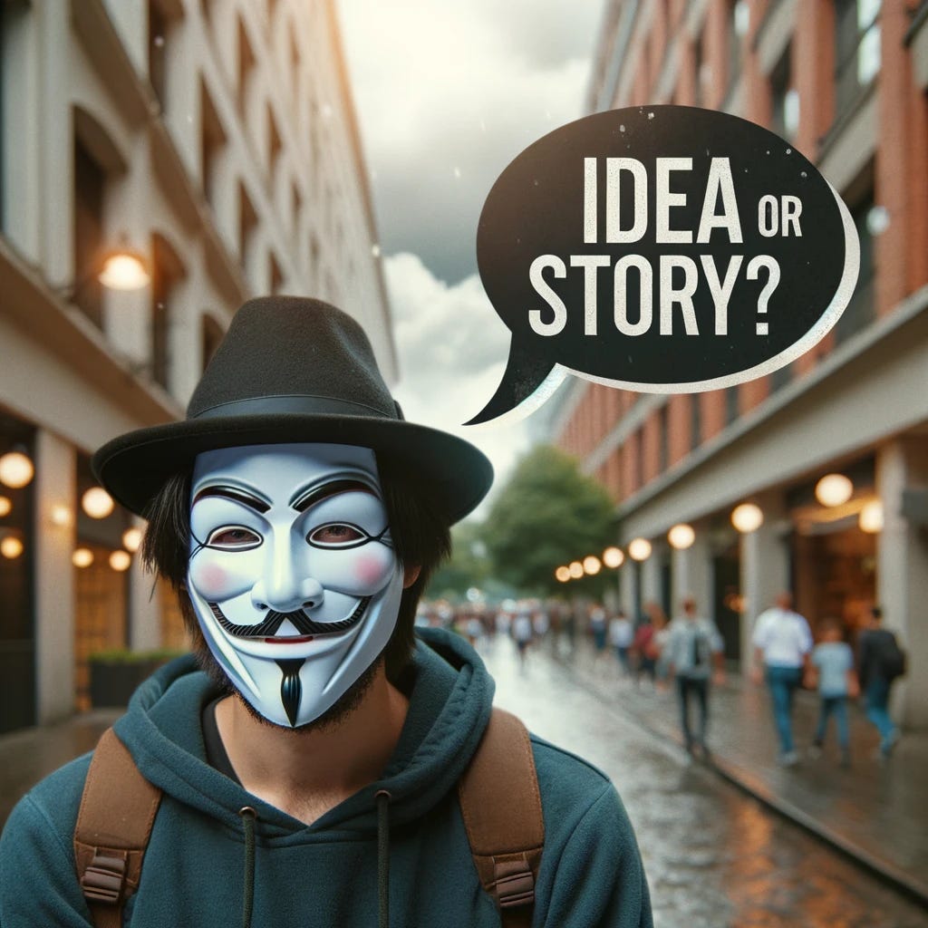 Photo of a man of Hispanic descent wearing a Guy Fawkes mask in an urban setting. A digital speaking balloon overlays the image with the text 'idea or story?' written inside.