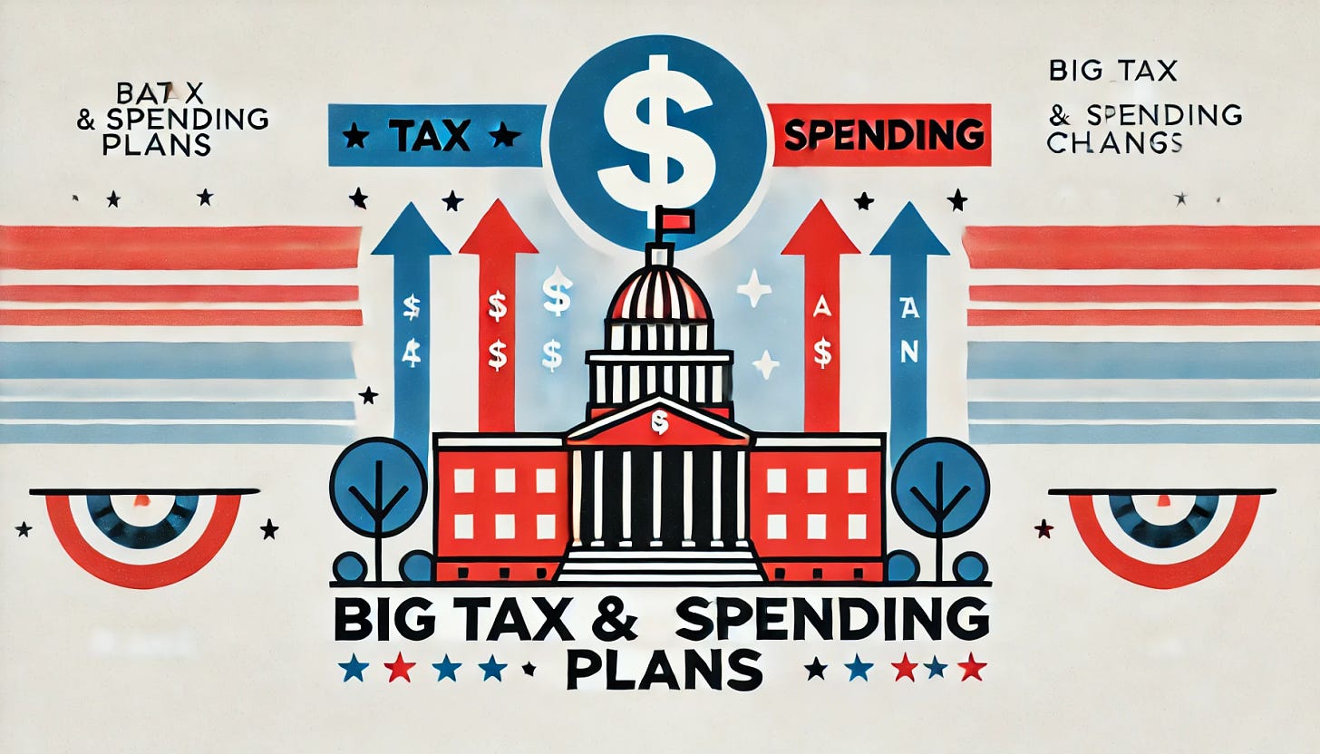 A minimalist landscape graphic using red, white, and blue to represent 'Big Tax and Spending Plans.' The design features a dollar sign, government building, and arrows indicating tax and spending changes, symbolizing large-scale financial plans. The style is clean, simple, and patriotic, with no additional text besides the main title.