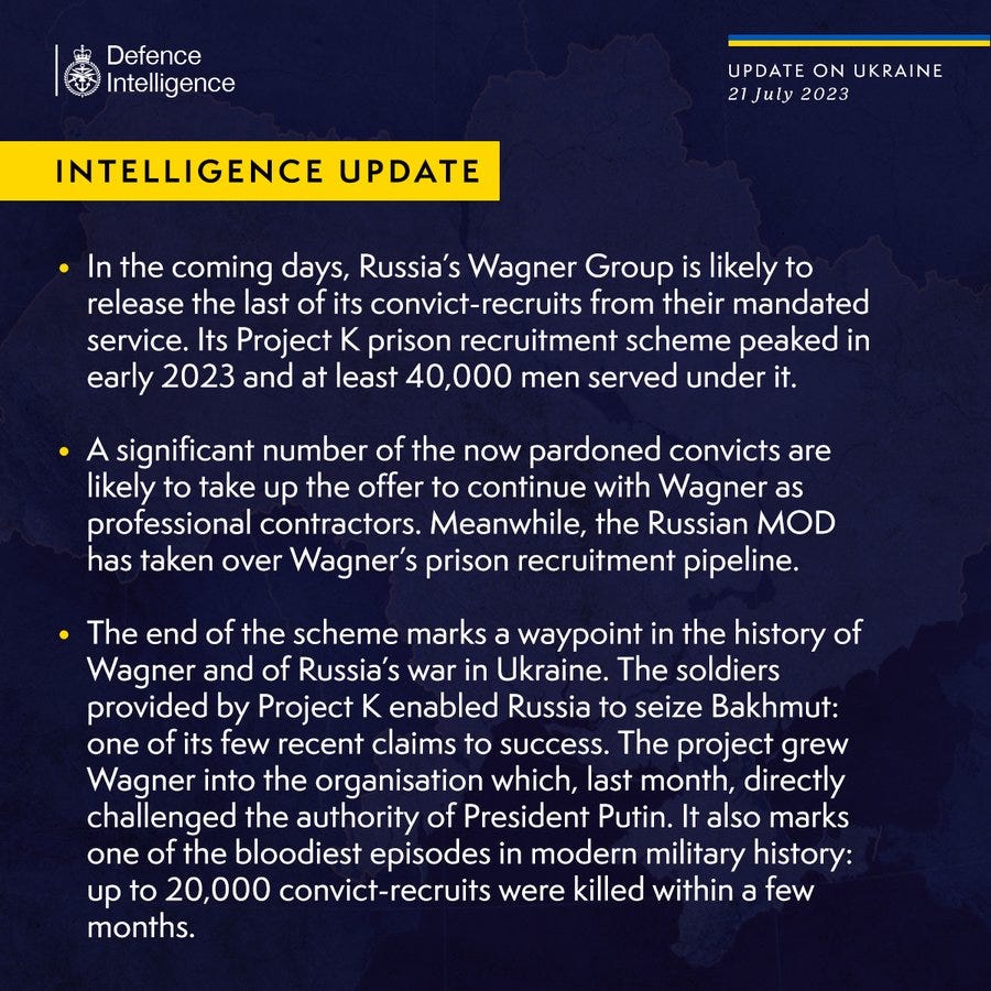 Latest Defence Intelligence update on the situation in Ukraine - 21 July 2023. Please see thread below for full image text.