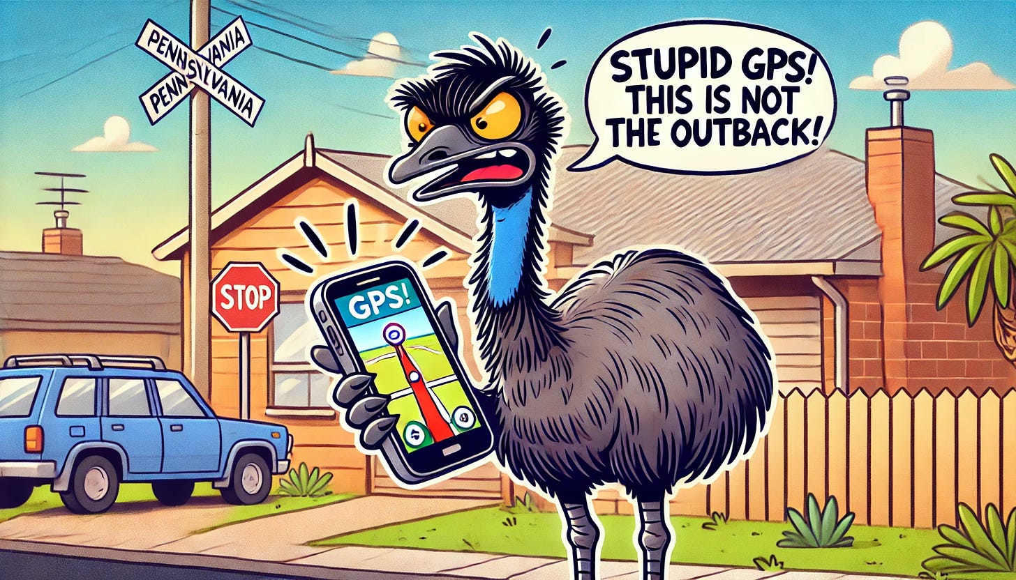 Cartoon illustration: Emu standing on a suburban Pennsylvania street,looking frustrated while holding a smartphone with a GPS app open. The emu is looking at the phone and angrily says, 'Stupid GPS! This is not the Outback!' The background shows typical suburban house. The emu's expression is exaggerated, with a mix of annoyance and confusion.