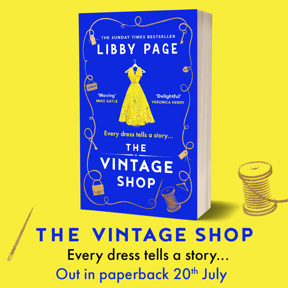 A bright blue book cover with a yellow dress in the middle, surrounded by a spool of thread. 