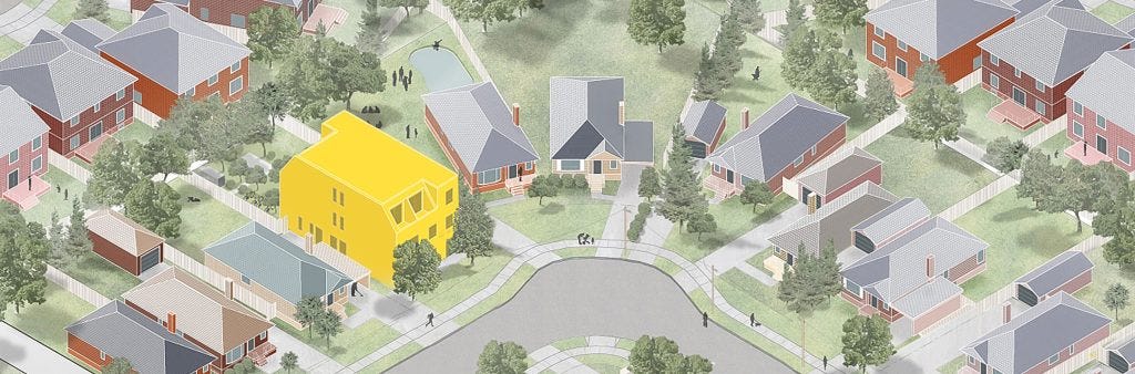 A banner drawing of a multiplex in a neighbourhood of single detached houses