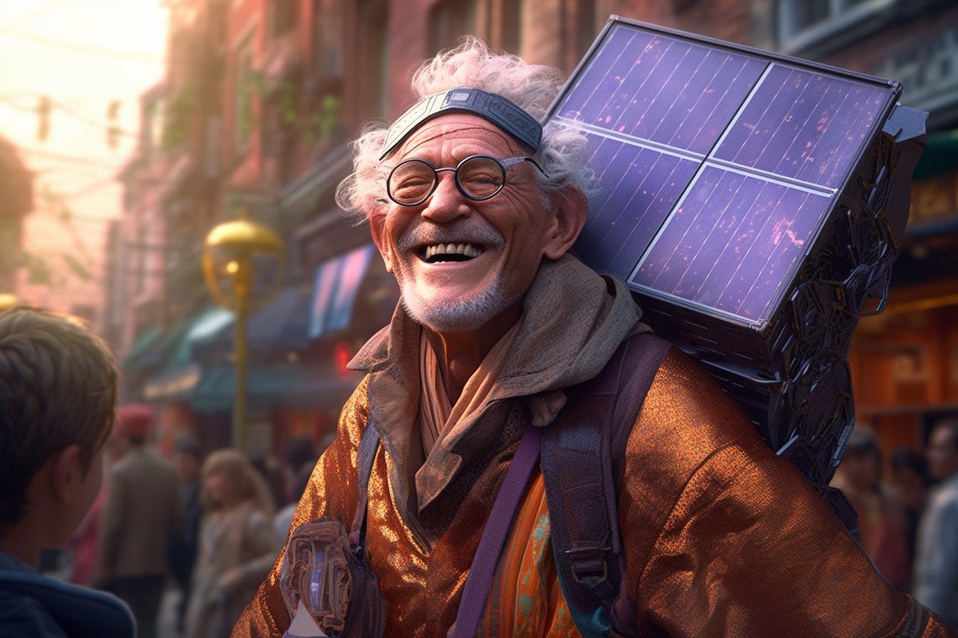 a cyberpunk old man smiling, while carrying a huge solar panel, surrealism, hyper realistic, 8k, highly detailed, digital art, 3d --ar 3:2