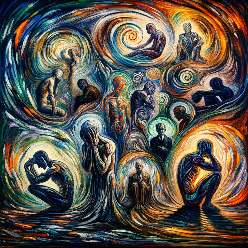 An abstract painting capturing the struggle of traditional masculinity as described by Wolfgang Schmale. Swirling, vibrant brushstrokes with contrasting colors represent the eight points: exterior orientation, violence, using and devaluing others, silence, loneliness, distance from one's body, rationality vs. emotionality, and control. Figures are depicted in isolated, confined spaces symbolizing loneliness and suppression. The background has darker tones, with small glimmers of light symbolizing the potential for change and introspection. The style resembles oil on canvas with expressive and melancholic undertones, reminiscent of Munch.