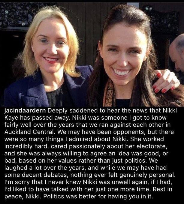 Message from Jacinda Ardern on the passing of Nikki Kaye.