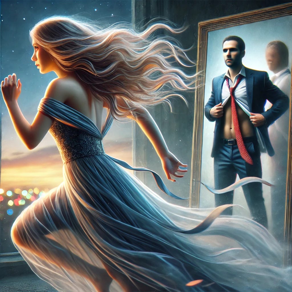 A surreal digital painting of a young woman with long blonde hair running away in a dramatic scene, wearing a flowing dress, looking over her shoulder with urgency. In the background, a man in a suit is visibly losing weight, with his reflection in a mirror showing a slimmer version of himself. The scene has a slightly cinematic feel, with a twilight sky and city lights in the distance.