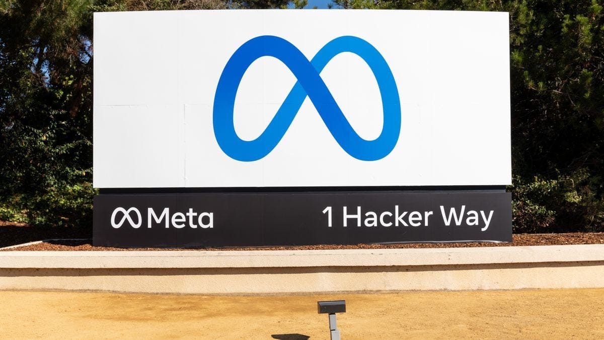 Meta&#x27;s sign at 1 Hacker Way, California.