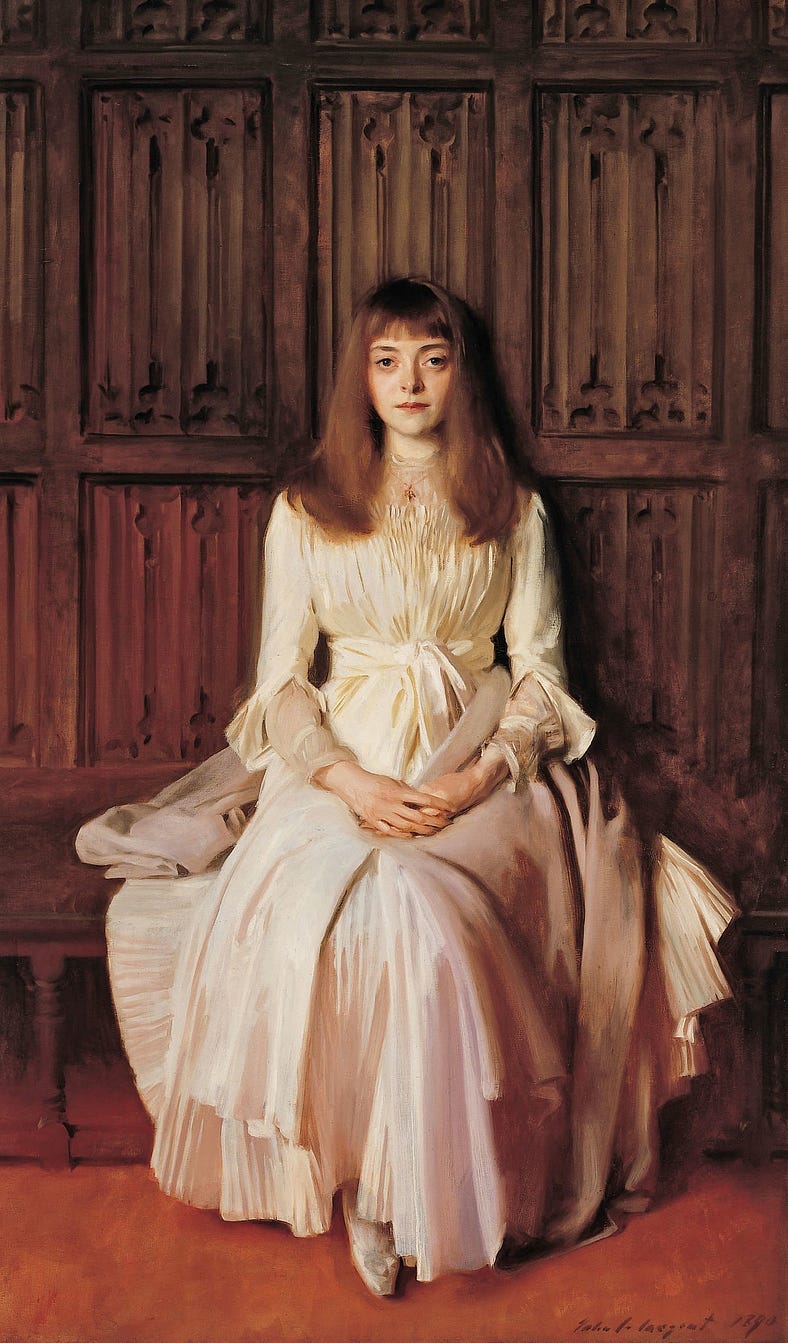 Elsie Palmer (1889–1890). A girl with very straight brown hair looks directly at us. Her cream dress directly mimics the pattern of the wood linen-fold paneling which she sits against. She sits very straight, addressing us with same straight stare.