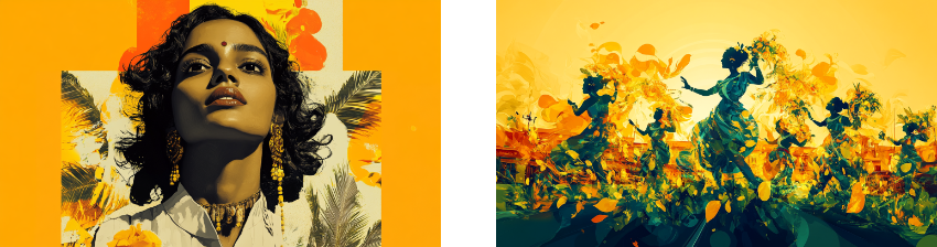 Two vibrant artworks: the left features a stylized portrait of a woman with bold makeup, traditional jewelry, and a serene expression, set against a bright yellow and orange background with abstract floral and palm leaf accents. The right depicts an abstract scene of women dancing gracefully, rendered in dynamic brushstrokes of green, yellow, and orange, creating a sense of movement and celebration against a bright, glowing background.