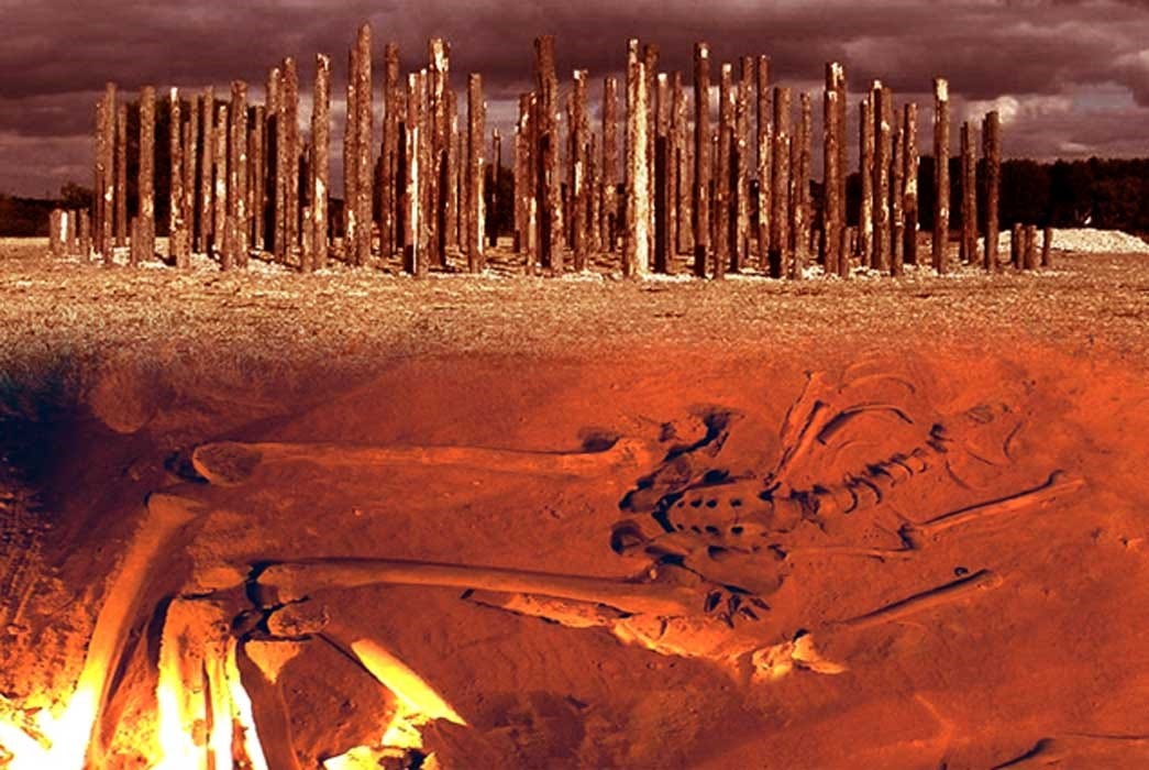 Skeletal remains and recreation of a prehistoric timber circle 