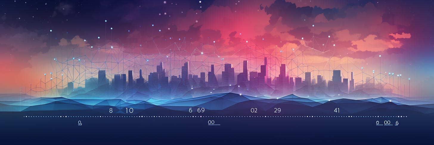 This panoramic image depicts a stylized city skyline at dusk, overlaid with a network of connected points and lines, suggestive of a digital or smart city concept. The skyline is a gradient of colors transitioning from warm orange and pink hues on the right to cooler blue and indigo on the left, symbolizing the interface between day and night. Above the city, the sky is dotted with stars, blending into the technological motif that spans the entirety of the composition. The foreground features a series of undulating waves, perhaps representing a digital landscape or body of water, with numerical values and timelines subtly integrated, hinting at data, connectivity, and the flow of time within a futuristic urban environment.