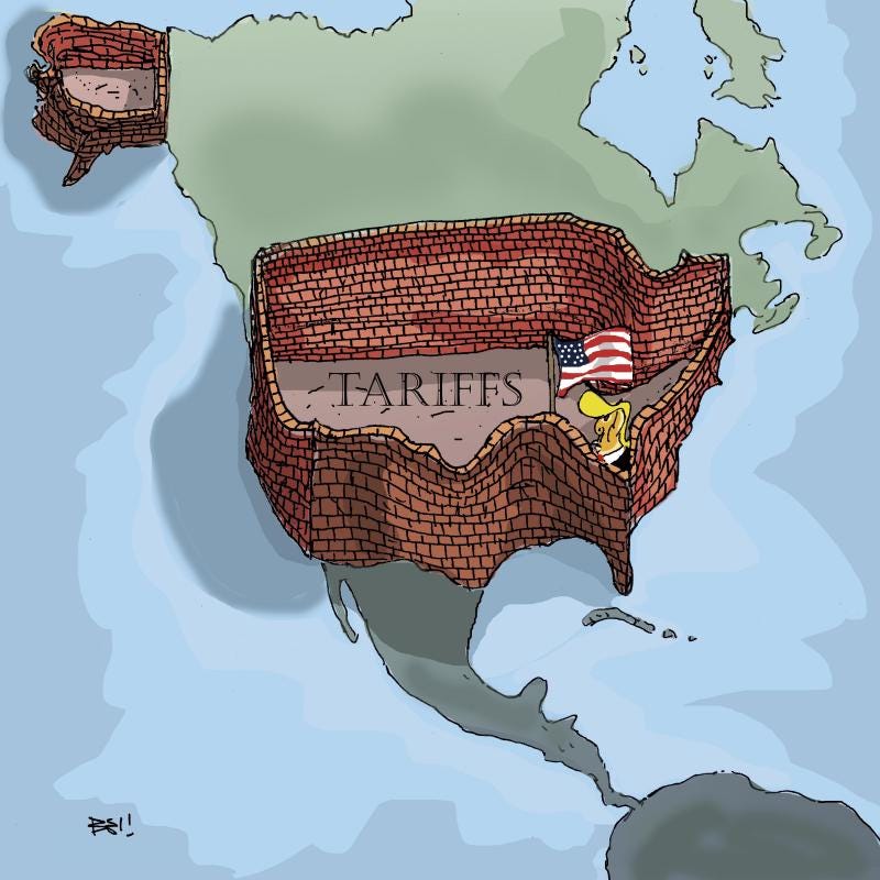 Cartoon showing the continent of North America with a big all around the United States. Trump is standing inside the wall, and next to him is the word 'tariffs'.