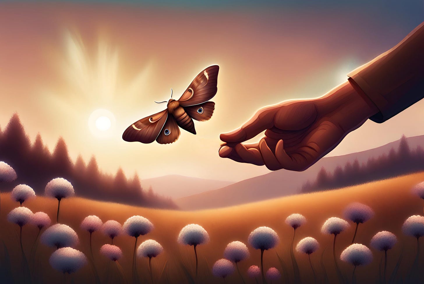 Illustration of a moth flying away from a man’s hand