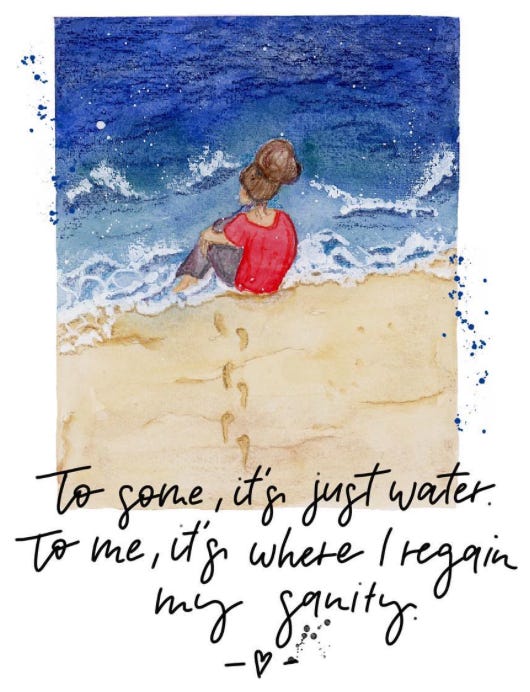 Instagram post by Krissy: A drawing of a women facing the ocean with this caption,”To some , it’s just water. To me, it’s where I regain my sanity.”