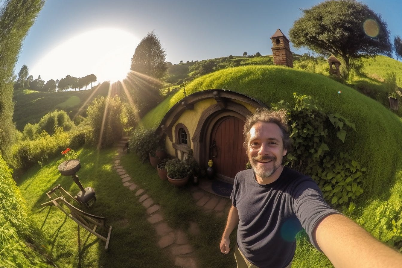Prompt: "Vibrant Hobbit GoPro selfie, Lord of the Rings, cheerful expression, idyllic Shire, colorful, sunlit hobbit house in background, lush green landscape, wide-angle view, joyful atmosphere, adventurous spirit. --ar 3:2 --v 5 --q 2"