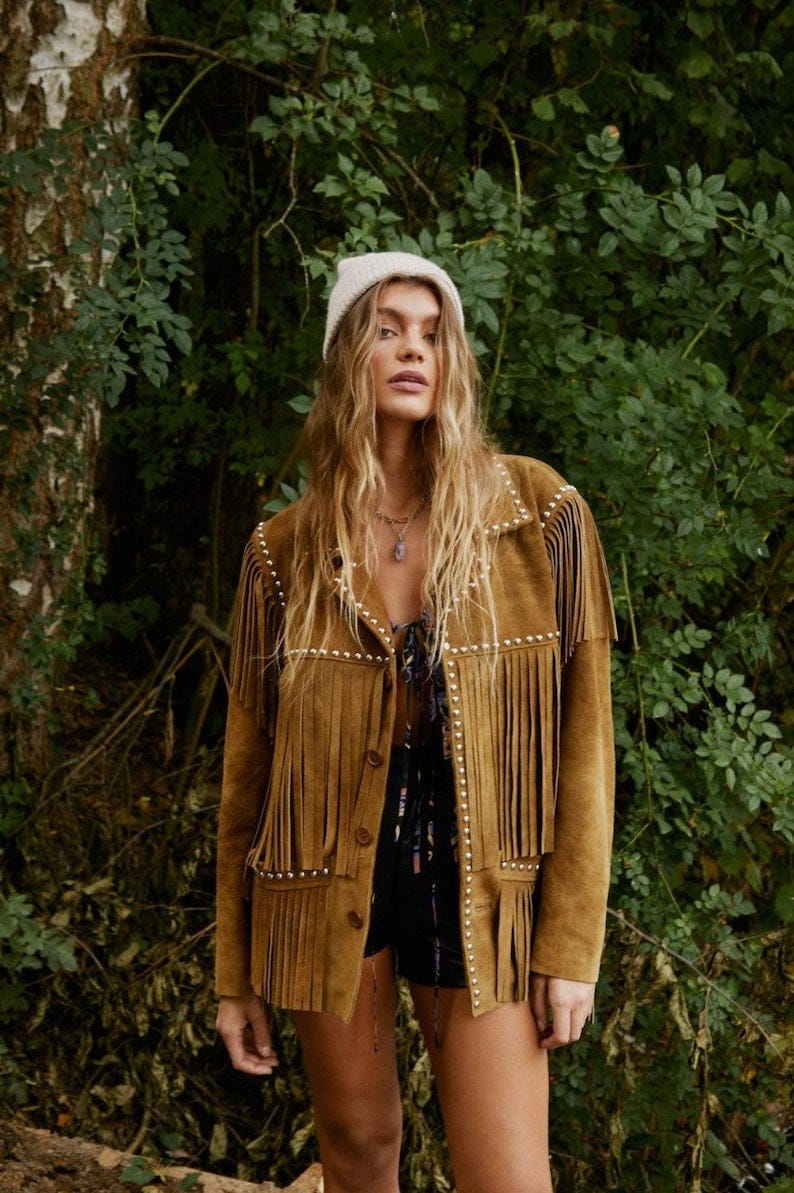 Women Suede Leather Western Style Jacket With Fringe Brown Suede SWJ-008 image 1