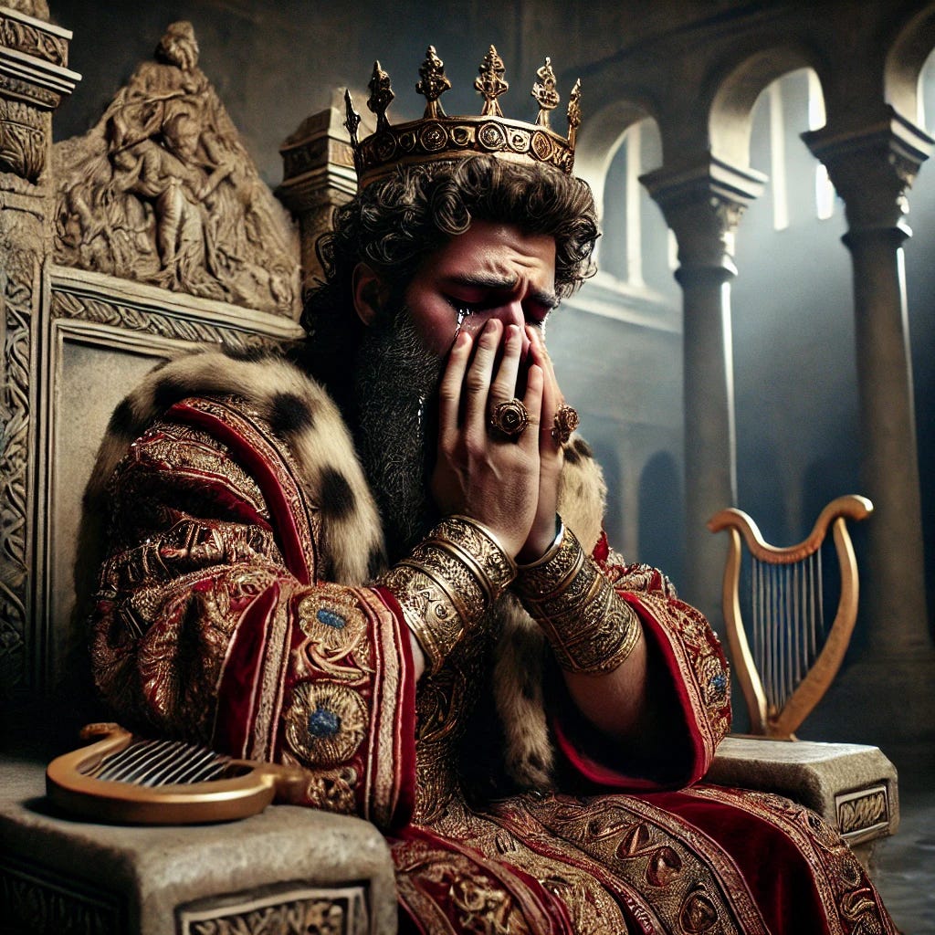 A realistic 35mm photograph-style image of King David weeping. King David, a bearded man wearing richly detailed royal robes and a crown, sits on a stone throne in an ancient palace. His face is full of sorrow, tears streaming down as he covers his face with his hands, his harp resting nearby. The background is a historically accurate, grand palace with stone pillars, torches, and intricate detailing. The lighting is soft, creating shadows and depth, adding to the realism and emotional weight of the scene, captured with the natural grain of 35mm film.