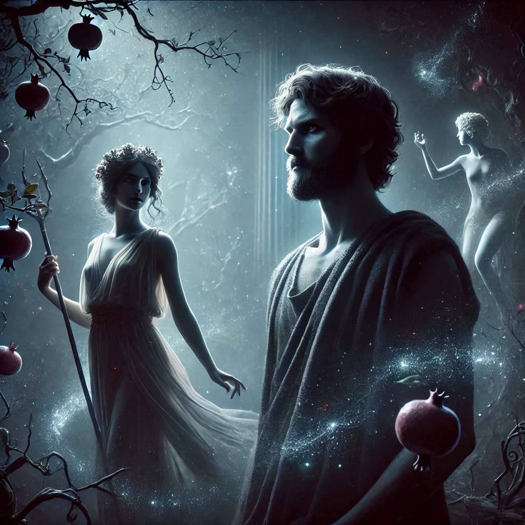 A photorealistic image of Hades, the Greek god of the Underworld, standing in a shadowy, mysterious landscape. He has a calm and introspective expression, with Persephone beside him, creating a sense of balance between darkness and light. Around them, faint ghostly light filters through, and vines of pomegranate intertwine in the background, symbolizing both life and transformation. The atmosphere is dark yet serene, evoking the depth and quiet power of the Underworld.
