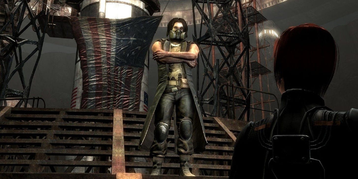 screenshot from fallout new vegas of Uylesses, a black man with dreadlocks and an elastomeric respirator, standing before an American flag. Behind him, is a nuclear missile ready to launch and destroy the city of New Vegas.