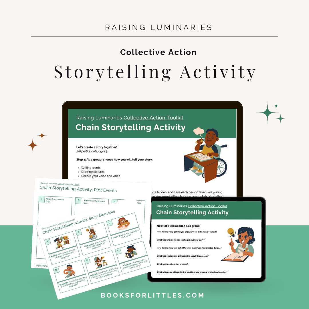 raising luminaries collective action storytelling activity, preview of PDF printable directions to create a child-friendly chain story