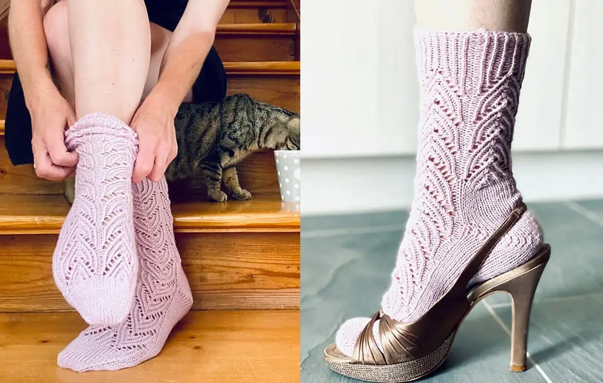 on the left, woman sitting on wooden stairs with cat putting on pink lace socks. on the right, foot wearing pink lace socks and high heels 