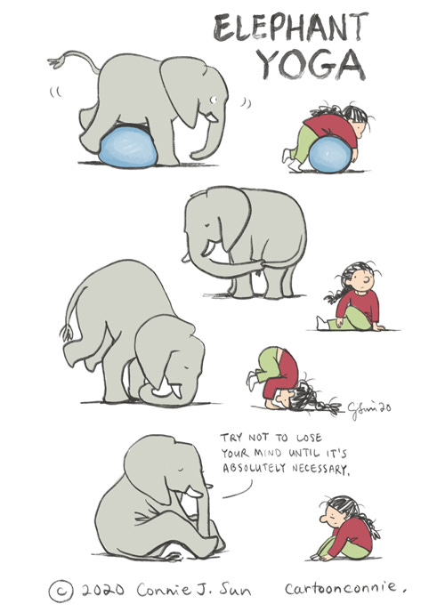 sketchbook, elephant, yoga, stress relief, comics, cartoonconnie, connie sun