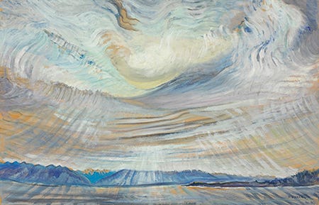 Art of a landscape with waves of iridescent "air" covering the scene and mountains in the background