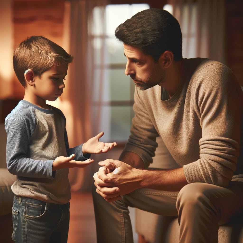 A touching scene of a child explaining to his father why he is upset, set in a calm and supportive environment. The child, looking earnest and sincere, is standing in front of his seated father, using small hands to gesture as he tries to articulate his feelings. The father is paying close attention, leaning forward with an expression of understanding and concern, ready to listen and provide comfort. The setting is a living room with cozy furniture and warm lighting, creating a safe space for open communication. This image captures a moment of emotional connection and teaching, showcasing the importance of parental patience and the value of expressing one's feelings clearly and calmly.