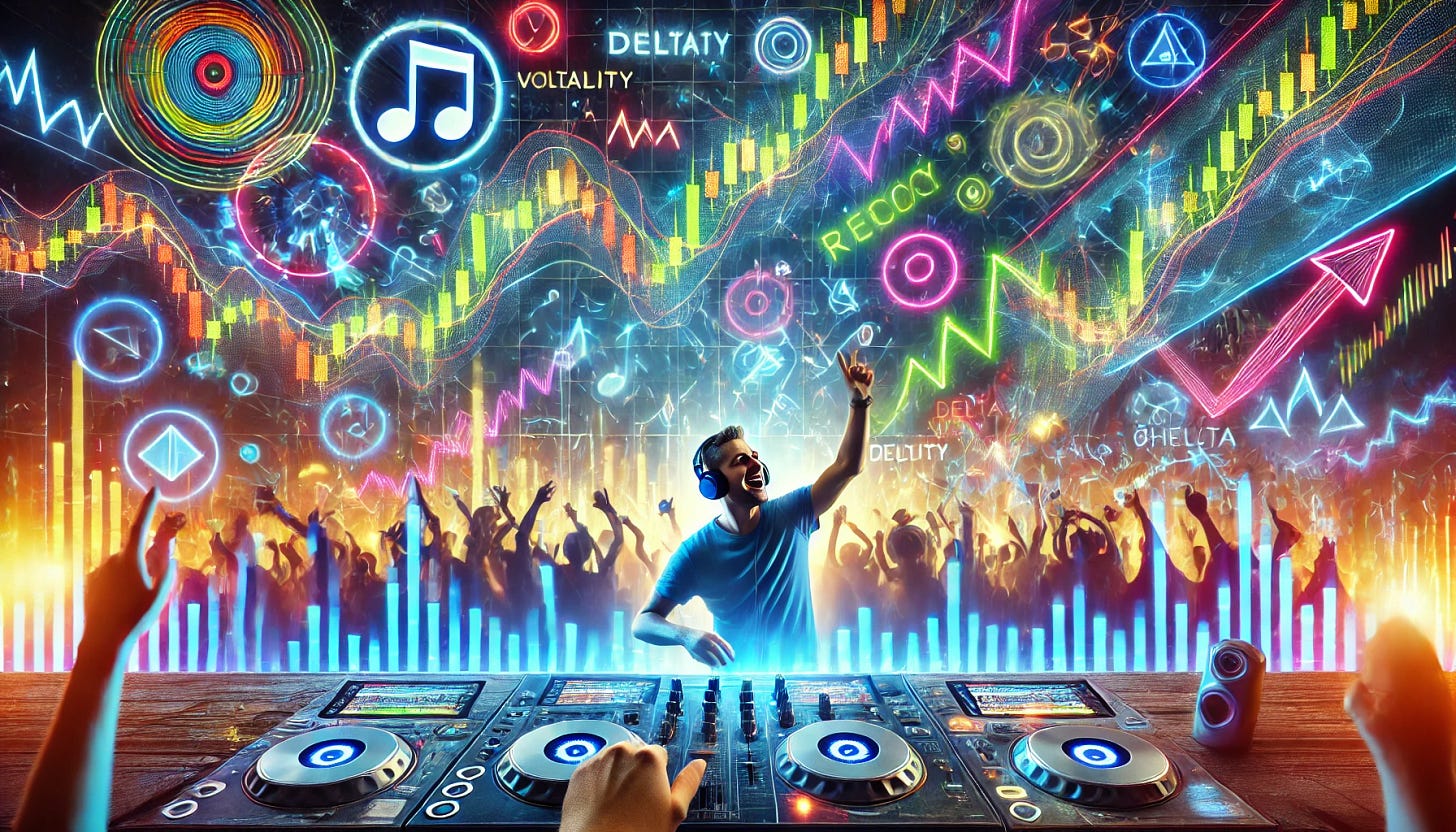 A fun and dynamic scene of a DJ at a futuristic mixing console, vibing with energy and excitement. The crowd is represented as colorful stock tickers and charts dancing in the air, glowing and bouncing like a lively crowd at a concert. Some stock tickers are trending upwards in bright neon colors while others reverse sharply with humorous, exaggerated animations. Volatility charts, options pricing curves, and mathematical symbols (like Delta, Theta, Gamma) swirl playfully in the background, adding a fun, professional financial twist. The DJ is smiling, wearing cool headphones, and the scene is energetic, techy, and cinematic with a fun, playful edge. Wide-screen feel with vibrant colors and excitement.