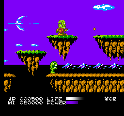 A screenshot from the Green Planet level of Bucky O'Hare, featuring Bucky climbing platforms while a toad with a laser walks underneath.