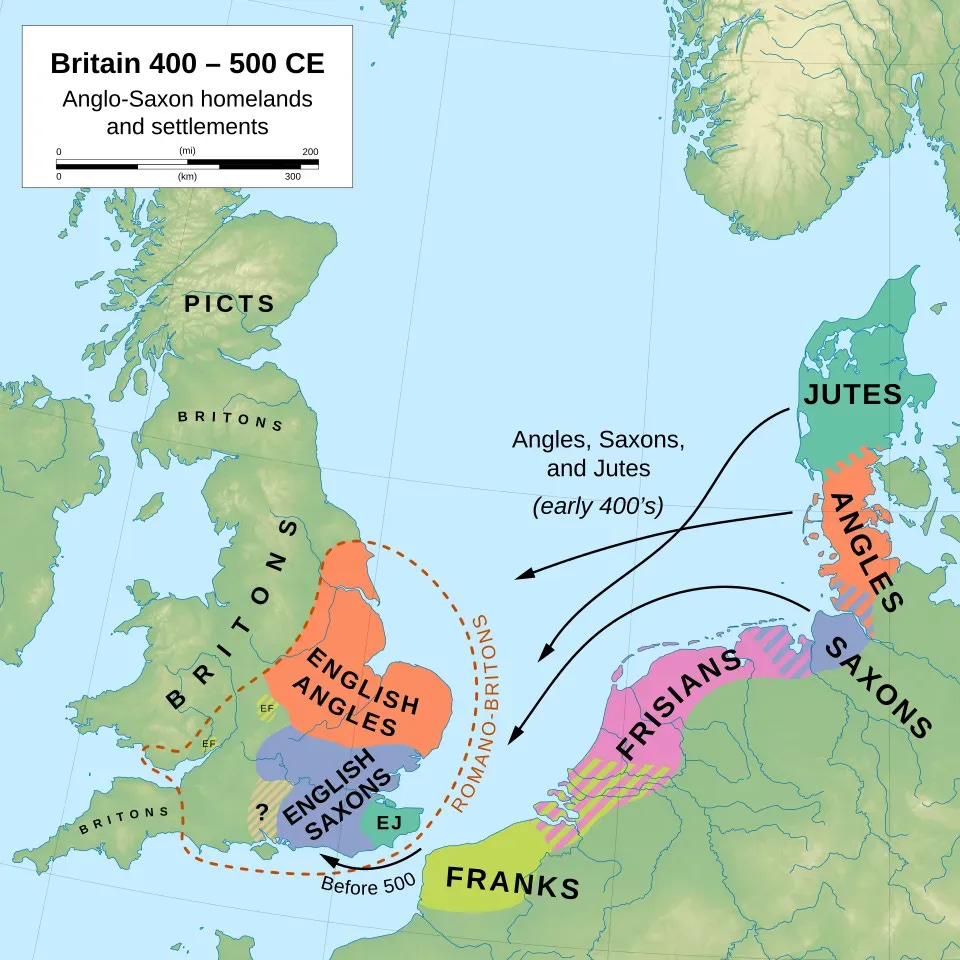 A map of the Anglo-Saxon homelands in northern Europe and their subsequent settlements in England, circa 400–500 CE