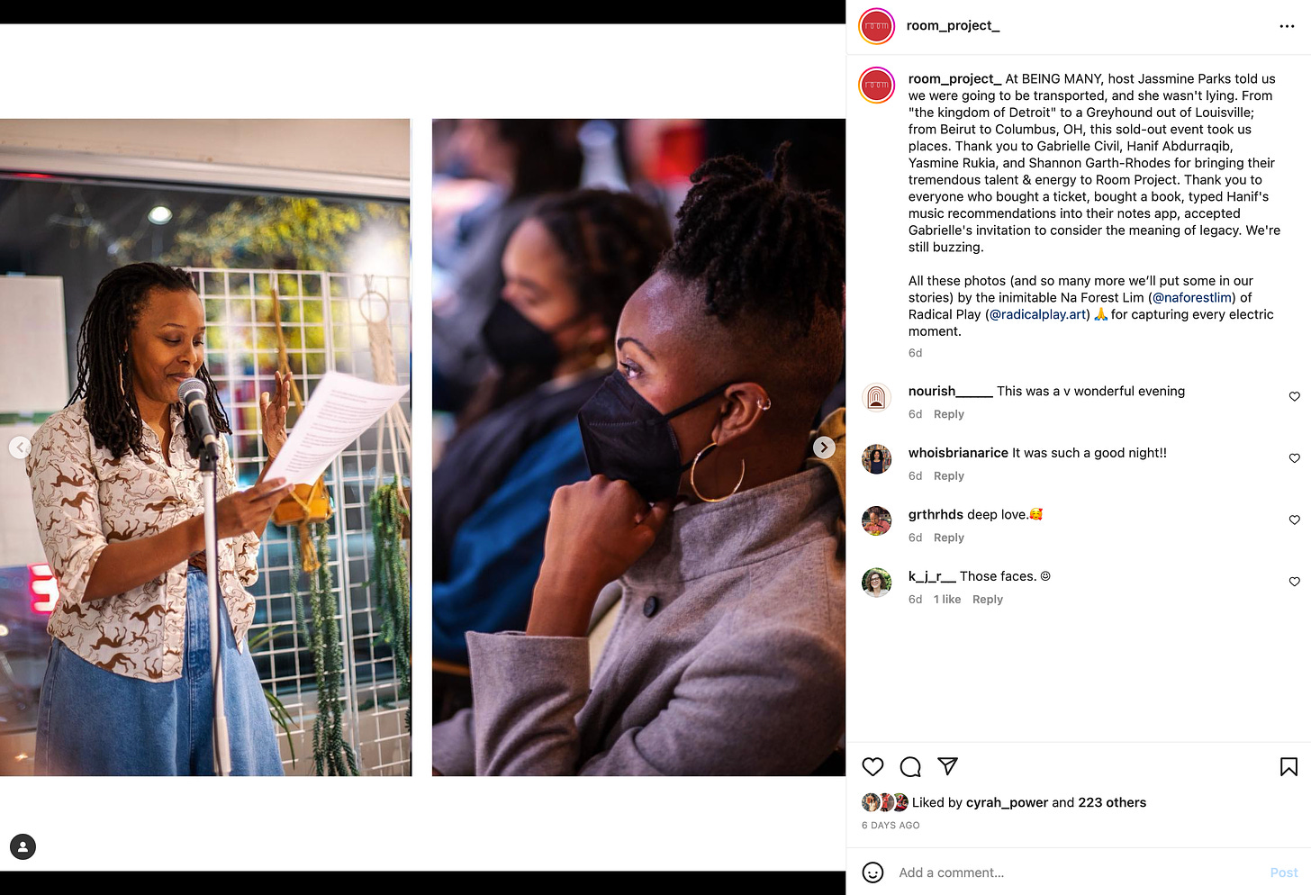 an instagram post, showing two images side by side: on the left, a brown skinned nonbinary person with shoulder length locs, wearing a white printed shirt and wide-legged jeans, reads in front of a microphone; on the right, a brown skinned woman with twists and a mask watches intently while listening to the reader