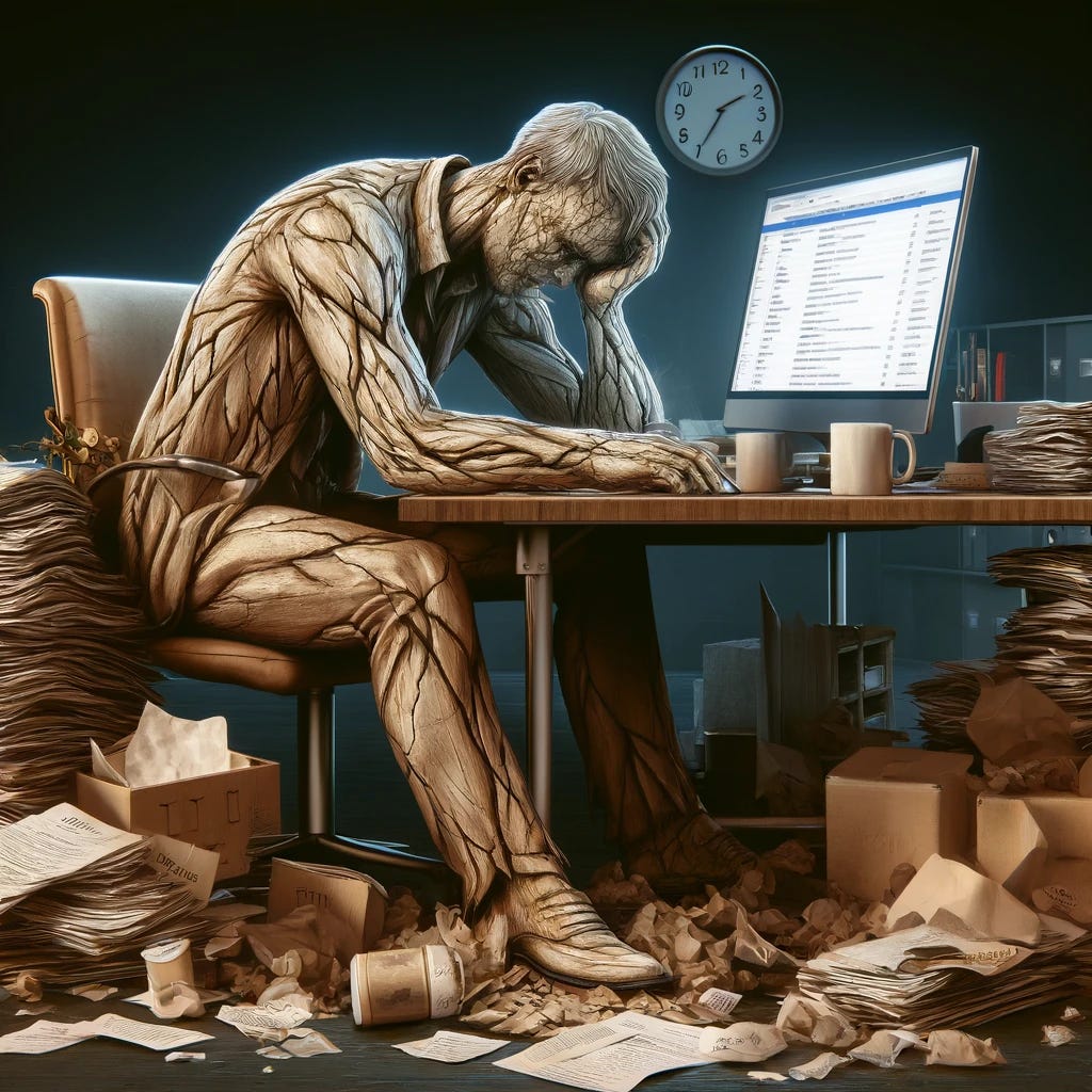 A detailed image of a person crumbling under burnout. The person is depicted with a weary expression, slumped posture, and surrounded by piles of paperwork, empty coffee cups, and a computer screen showing unread emails. Their body appears to be cracking and breaking apart like a statue crumbling under pressure. The background is a dimly lit office with a clock showing late hours, emphasizing the overwhelming and exhausting environment.