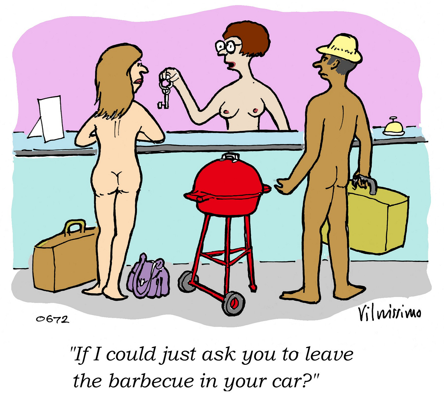  a nude couple checking in at a hotel reception desk. The woman behind the desk, also nude, is handing over a room key and says, “If I could just ask you to leave the barbecue in your car?” The man is holding a suitcase, while a full-size red barbecue grill stands between him and the counter.