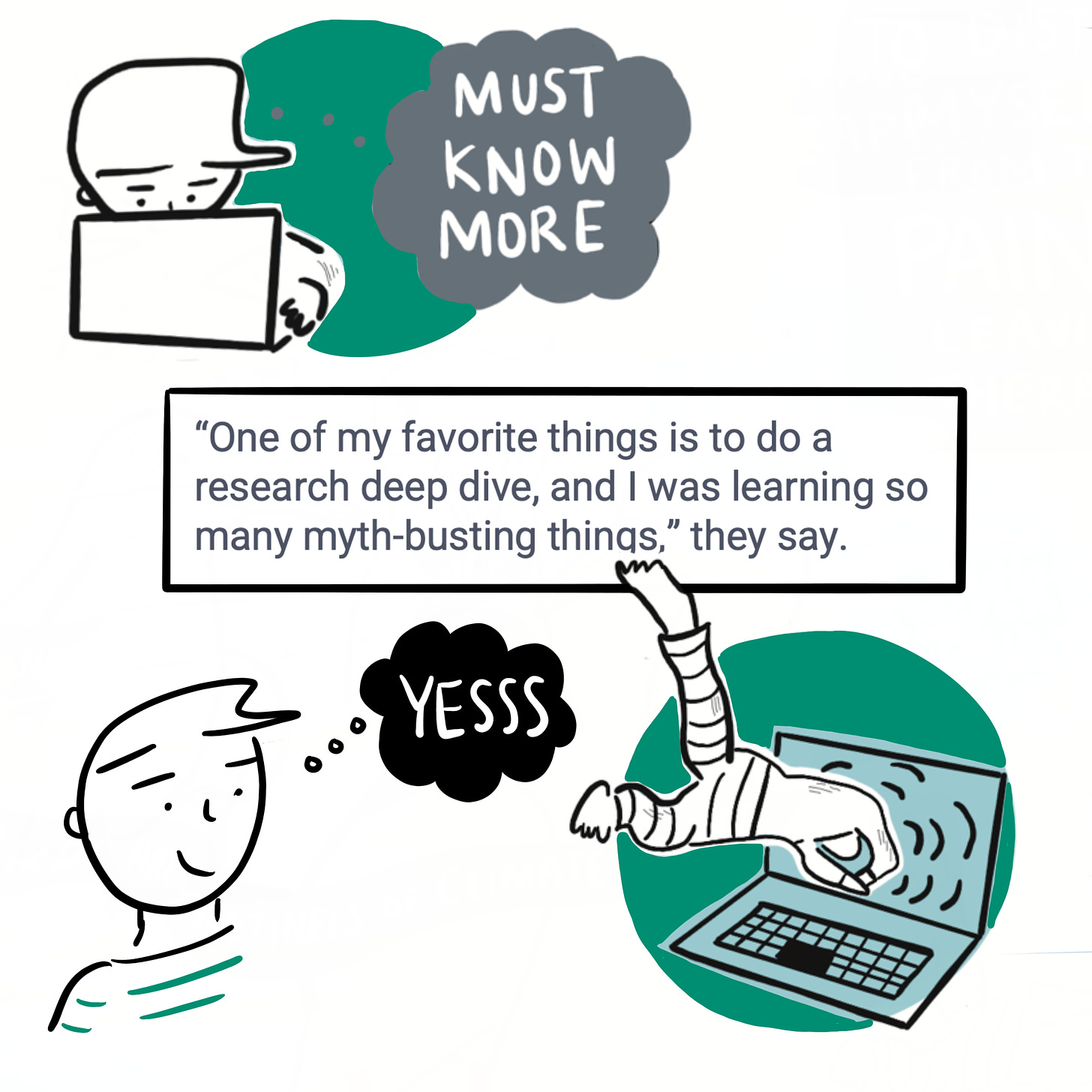 Cartoonist looking at laptop thinking “must knkow more.” One of my favorite things is to do a research deep die, and I was learning so many myth-busting things, they say.Cartoonist thinking “yesss” and staring at an image of themself diving into a laptop.