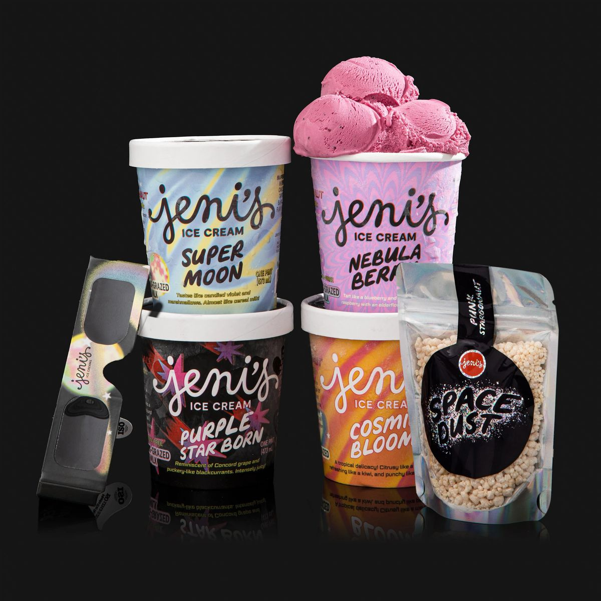 four pints of ice cream, eclipse glasses, and a packaged “space dust” topping 