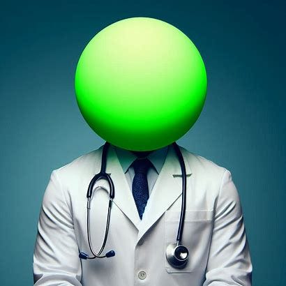  photo of a doctor wearing a stethoscope. The doctor doesn't have a head but instead has a basic bright neon green sphere in its place.