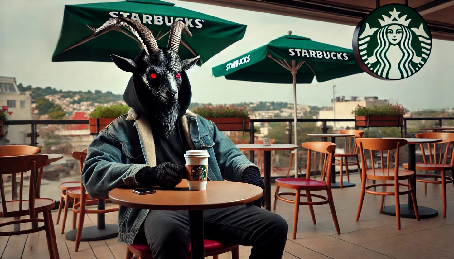 A wide scene showing the devil depicted as a goat, sitting casually at an outdoor Starbucks café table, drinking coffee. The goat has dark, menacing features with sharp horns, red glowing eyes, and a sly smile, dressed in modern casual clothing like a hoodie or jacket. The background reveals more of the outdoor Starbucks environment, with other tables, customers, and the city in the distance. The atmosphere is eerie yet amusing, with the goat-like devil blending into a normal everyday scene while sipping coffee from a Starbucks cup.