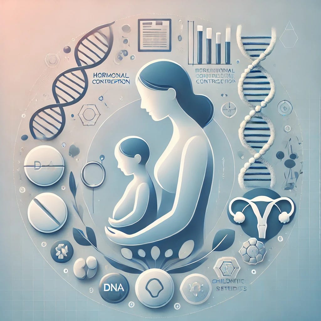 A professional medical illustration showcasing a symbolic representation of maternal hormonal contraception and childhood leukemia research. The image features a simplified depiction of a mother and child, with DNA strands subtly incorporated to represent genetic studies. Surrounding the main figures are icons of hormonal pills, intrauterine devices, and scientific data charts to highlight research themes. The background is clean and modern, with soft blue and white tones to convey trust and positivity. The style is approachable and informative, avoiding unsettling details and emphasizing innovation and clarity in public health advancements.