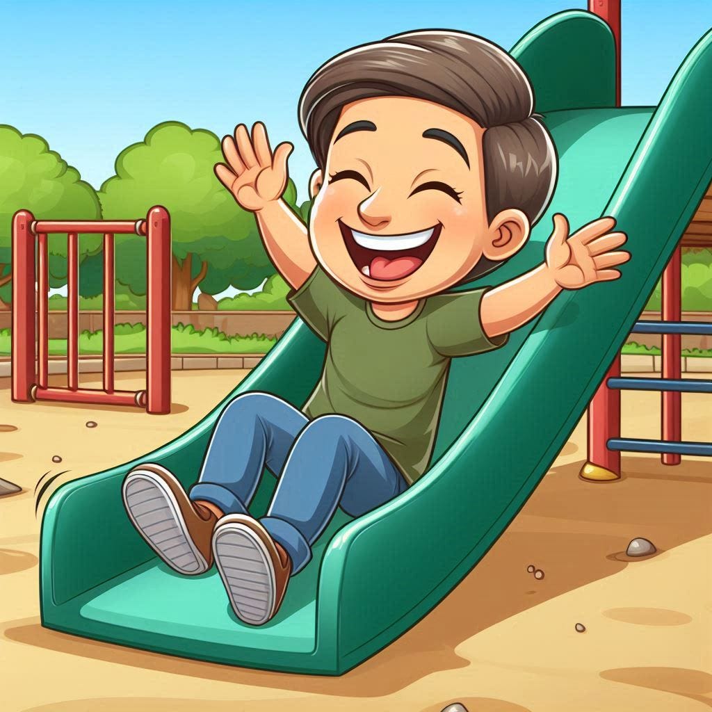 a cartoon of an adult sliding down a slide in a kid's playground and laughing