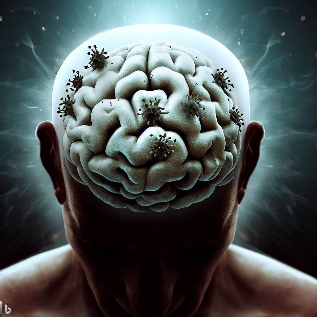 realistic photo of a virus consuming a human brain