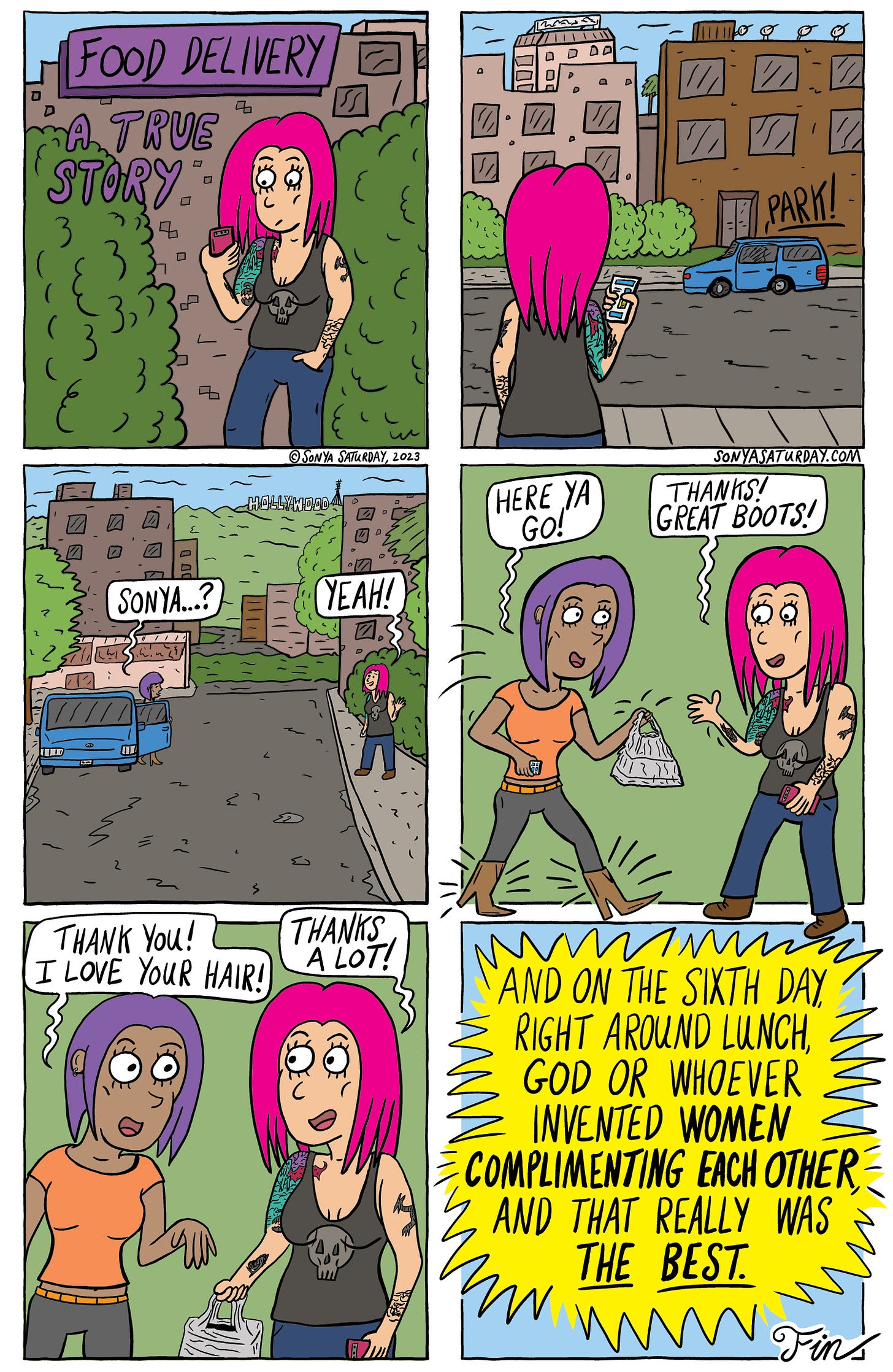 Comic strip about women complementing each other, by Sonya Saturday