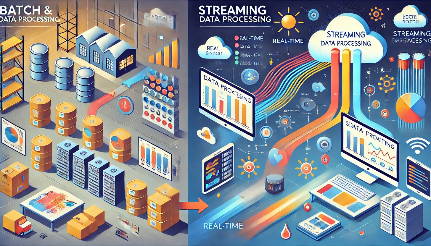 An illustration depicting the concepts of batch and streaming data processing. On the left side, show a series of data batches being processed in a warehouse-like setting, with stacks of data files and a large computer screen displaying graphs and statistics. On the right side, illustrate a real-time streaming data flow, with colorful data streams flowing from various sources like sensors and online platforms into a cloud system. Use arrows and diagrams to indicate the flow of data from batch processing to streaming. The overall style should be modern and tech-oriented, with a clean and informative layout.