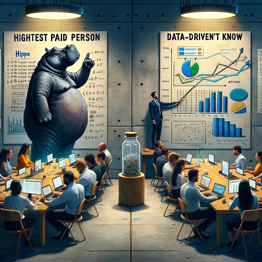 An image representing the concept of making decisions based on data versus opinions in a corporate setting. Visualize a modern office environment where one side is dominated by a large, imposing figure labeled 'HiPPO' (highest paid person's opinion), commanding attention and pointing towards their own ideas on a blackboard. On the opposite side, a group of employees is gathered around a computer screen, analyzing data and engaging in A/B testing, with charts and graphs floating above them, indicating a data-driven decision process. The contrast between the two approaches is stark, with the HiPPO side looking outdated and authoritarian, while the data-driven side is collaborative, modern, and full of light. A small bottle with paper clips on a table near the data-driven group symbolizes the lesson of knowing what you don't know, emphasizing the story of underestimating one's knowledge. The image should capture the essence of moving away from decision-making based on authority to an evidence-based approach, highlighting the importance of data in making informed decisions.