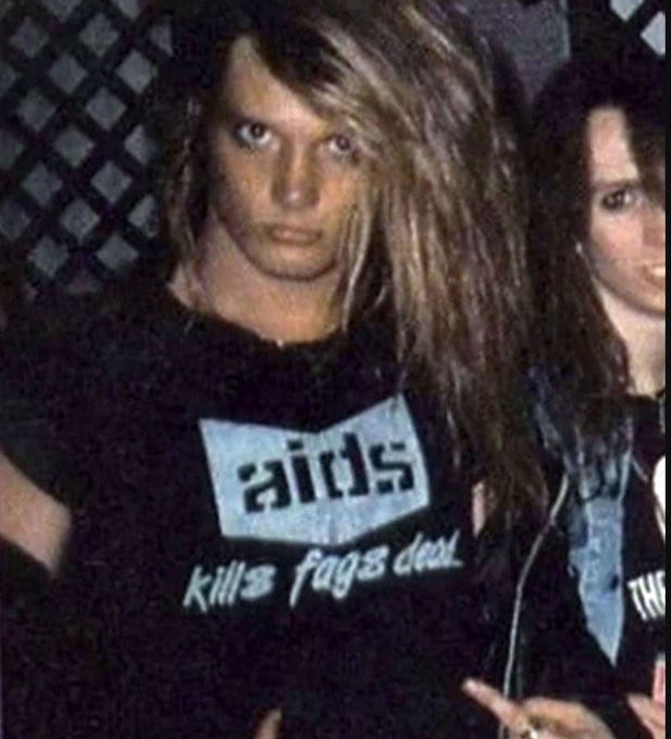 Sebastian Bach of Skid Row wears a tshirt saying "aids kills fags dead."