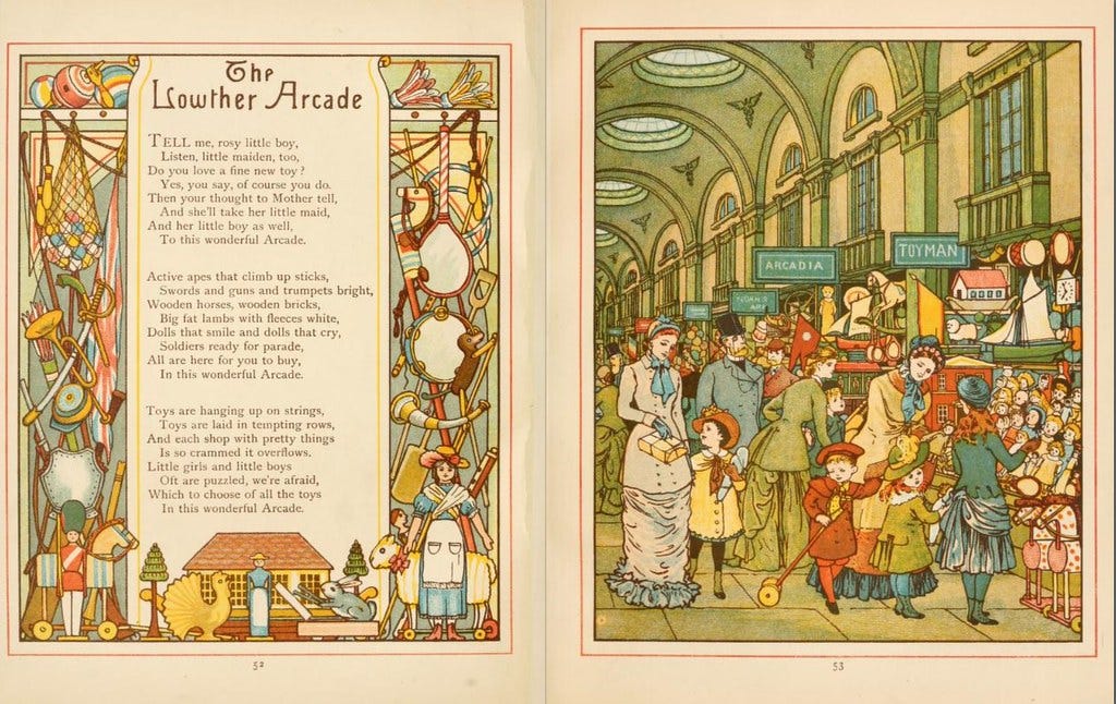 Illustration by Thomas Crane of Lowther Arcade, text on the left is bordered with many children's toys, and a large illustration on the right shows families shopping.