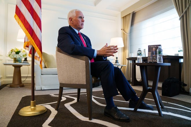 Former Vice President Mike Pence speaks during an interview in New York City on Nov. 15, 2022 about his new autobiography, "So Help Me God," that chronicles his life and his time in the Trump administration.