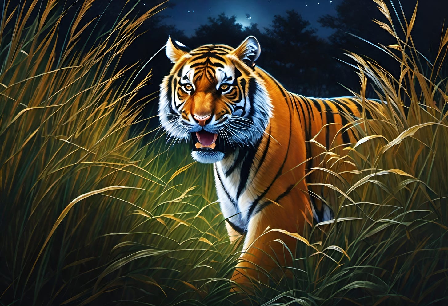 A bengal tiger bearing its teeth while prowling in tall grass at night.