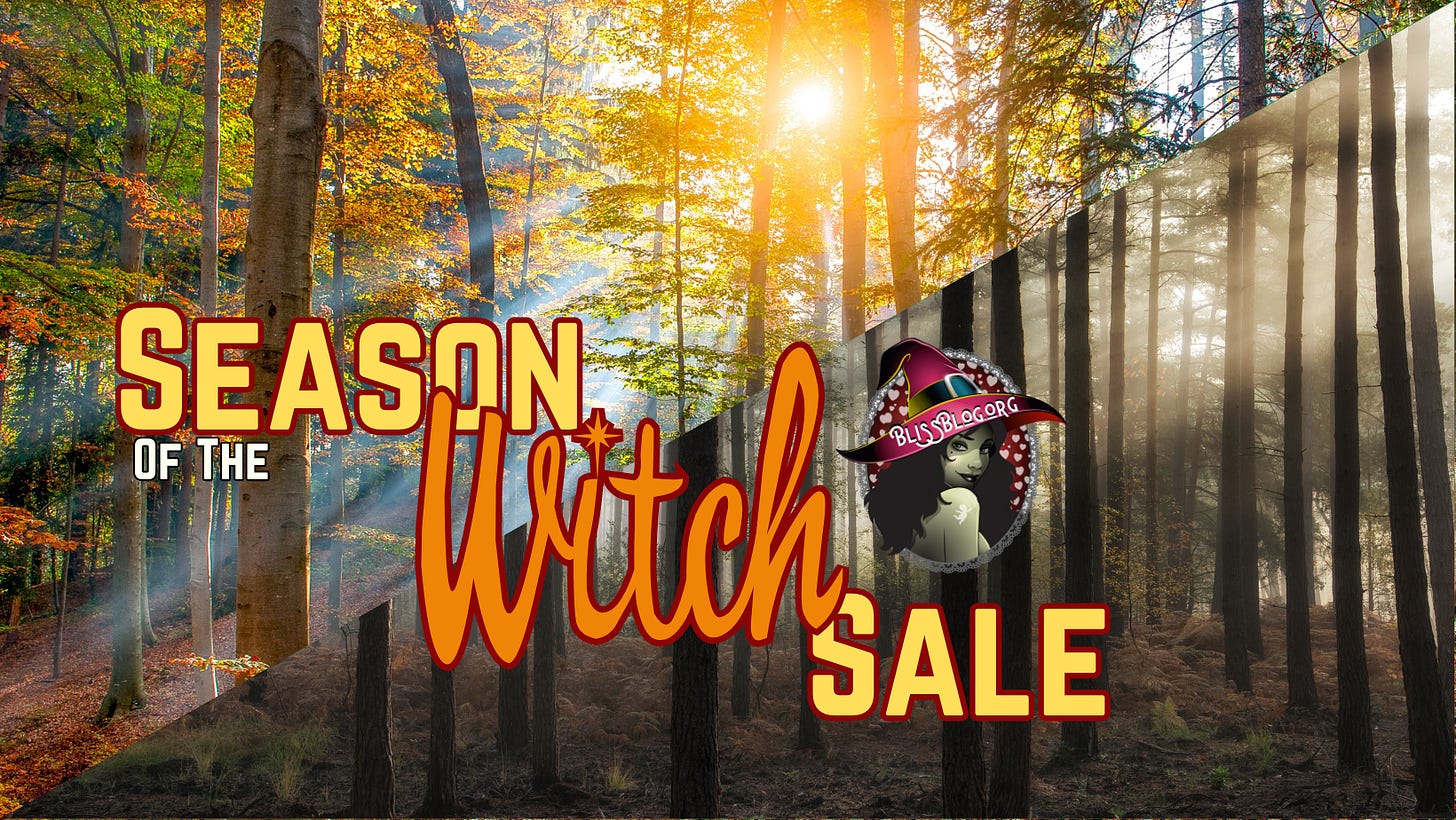 Autumn trees contrasted against bare trees and the words Season of the Witch Sale