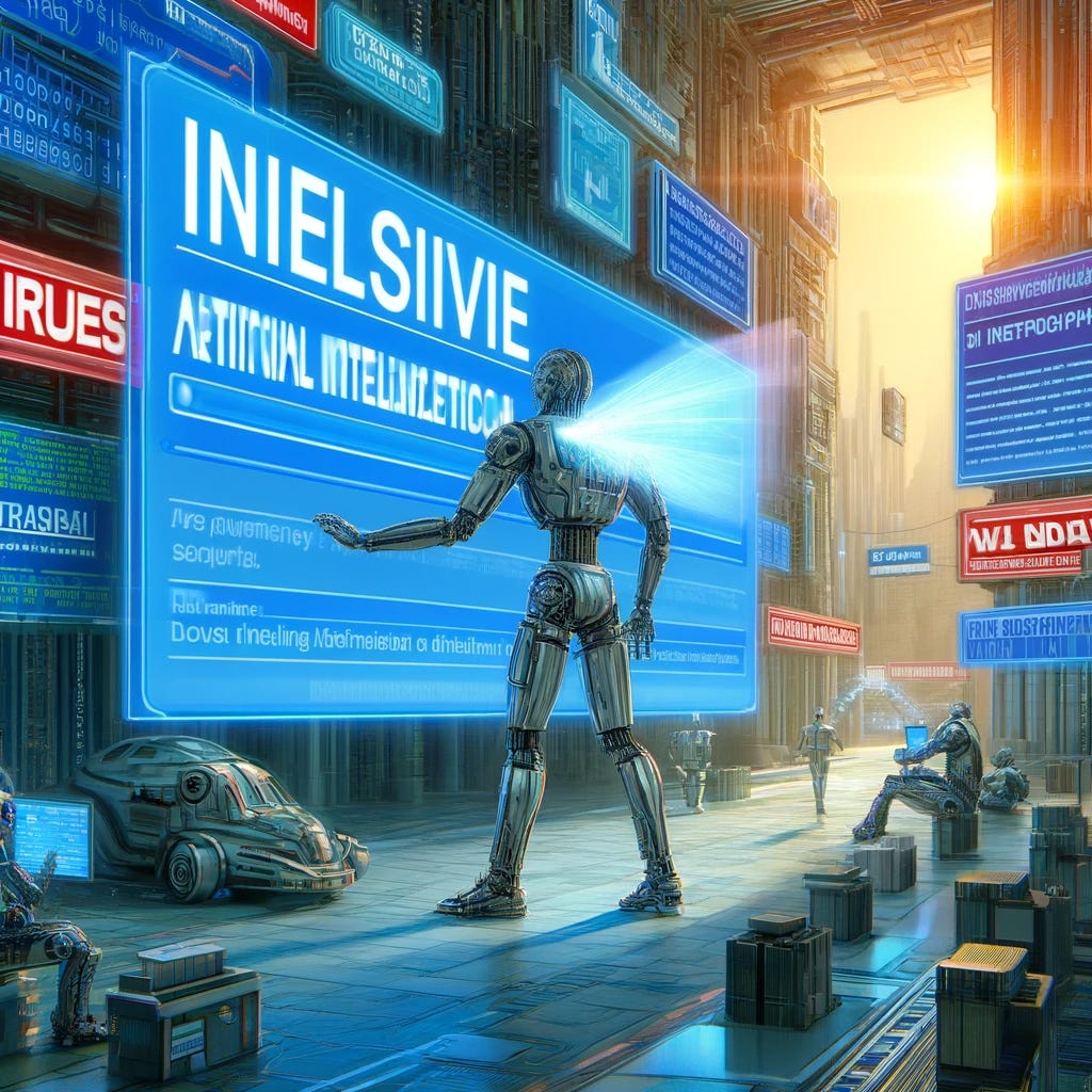 An insightful illustration depicting the dual nature of artificial intelligence in managing disinformation. The scene shows a futuristic cityscape with digital screens displaying news and alerts. On one side, a large AI robot efficiently identifies and labels misleading content on the screens, symbolizing the detection and control of disinformation. On the opposite side, another AI robot is seen producing disinformation, representing the ease of generating false information. The overall atmosphere is cyberpunk, emphasizing the complex and high-tech nature of the issue. The image conveys a sense of urgency and the critical role of technology in modern information warfare.